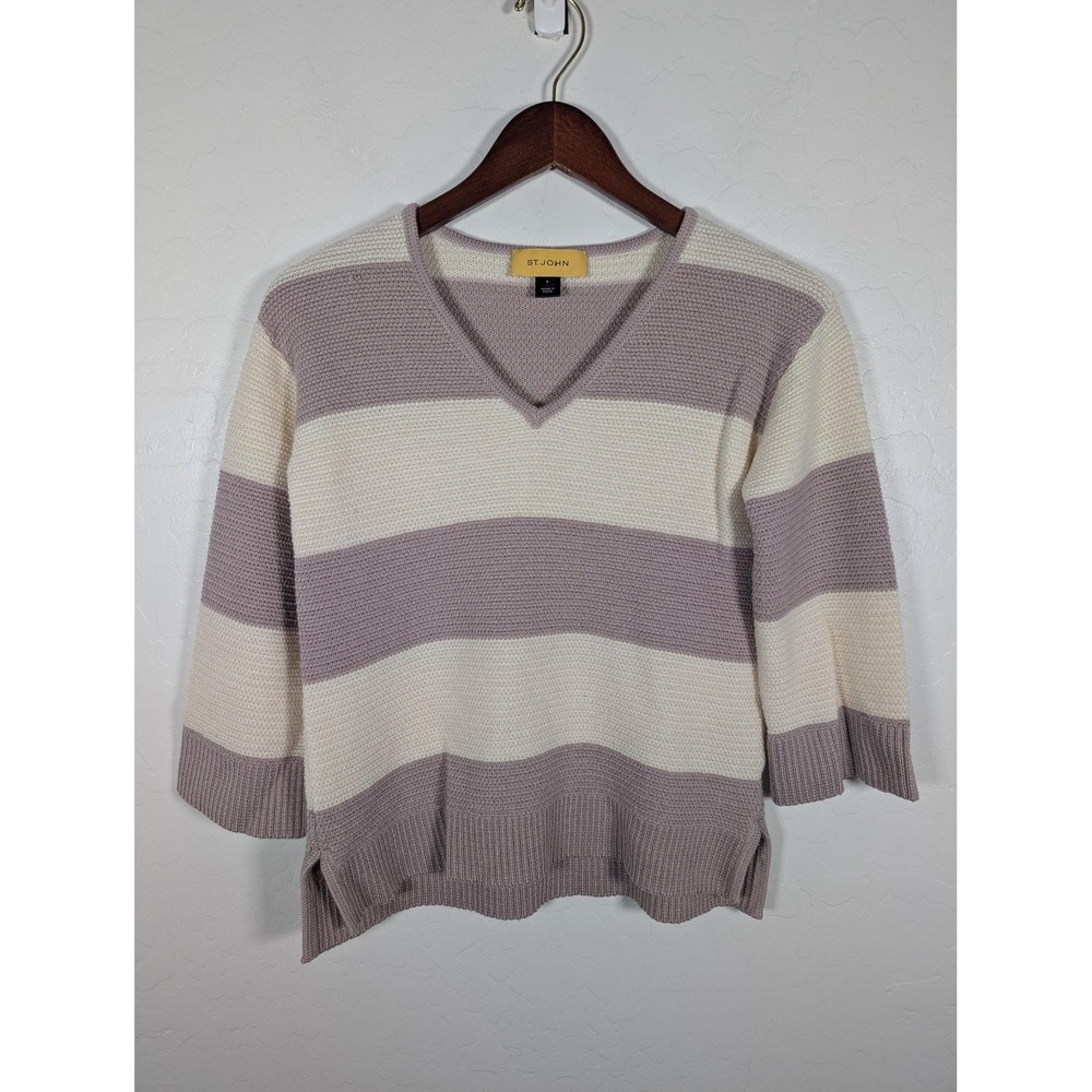 St John Sweater Womens Small Purple Cream Striped Wool Viscose Knit Pullover Top